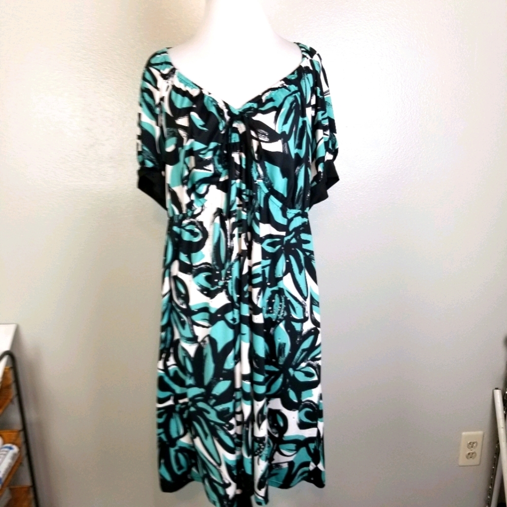 INC Teal/Black Floral Knee Length Dress Size 1X